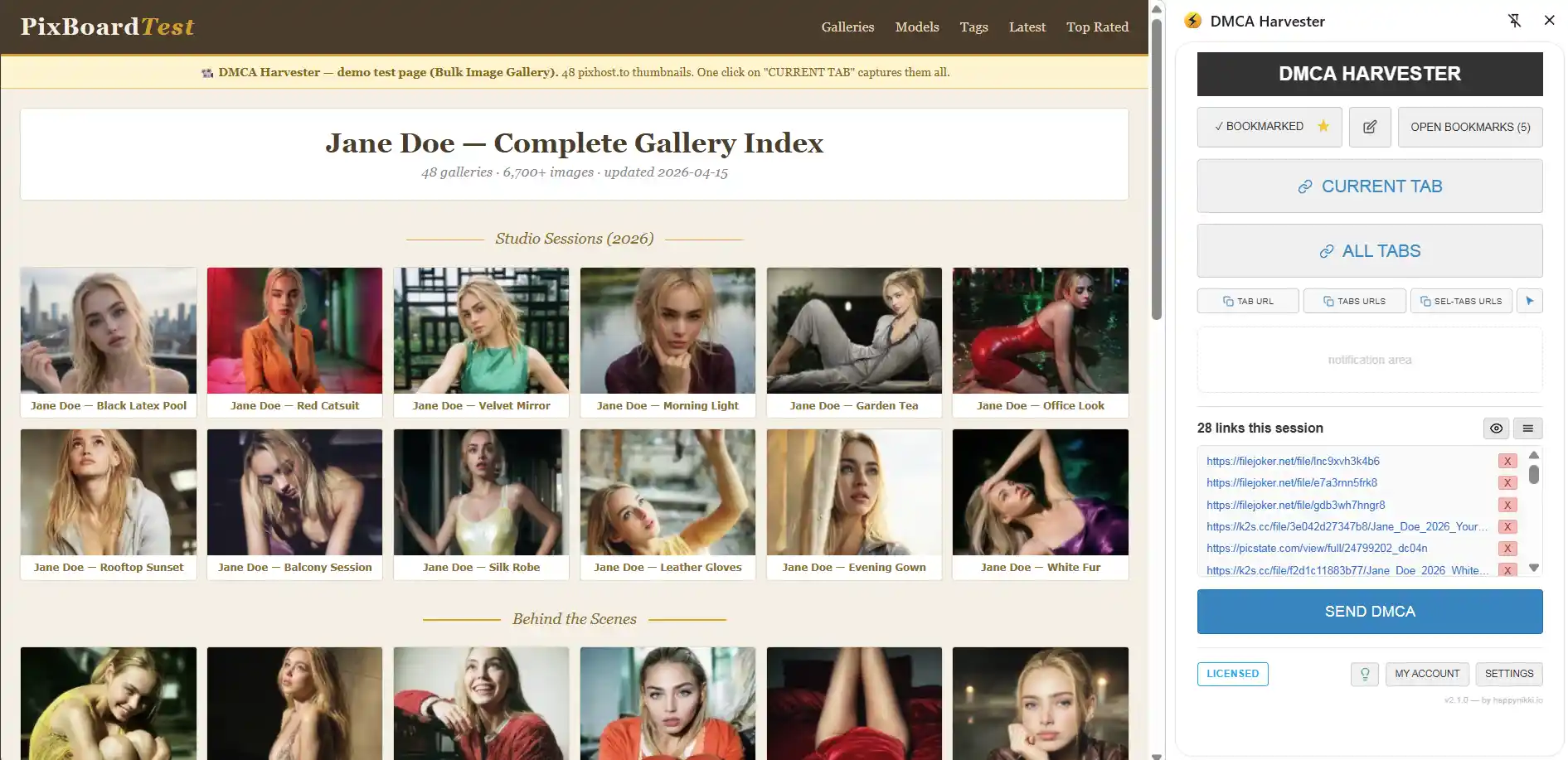 DMCA Harvester docked in the Chrome side panel, showing harvested links from a gallery test page.