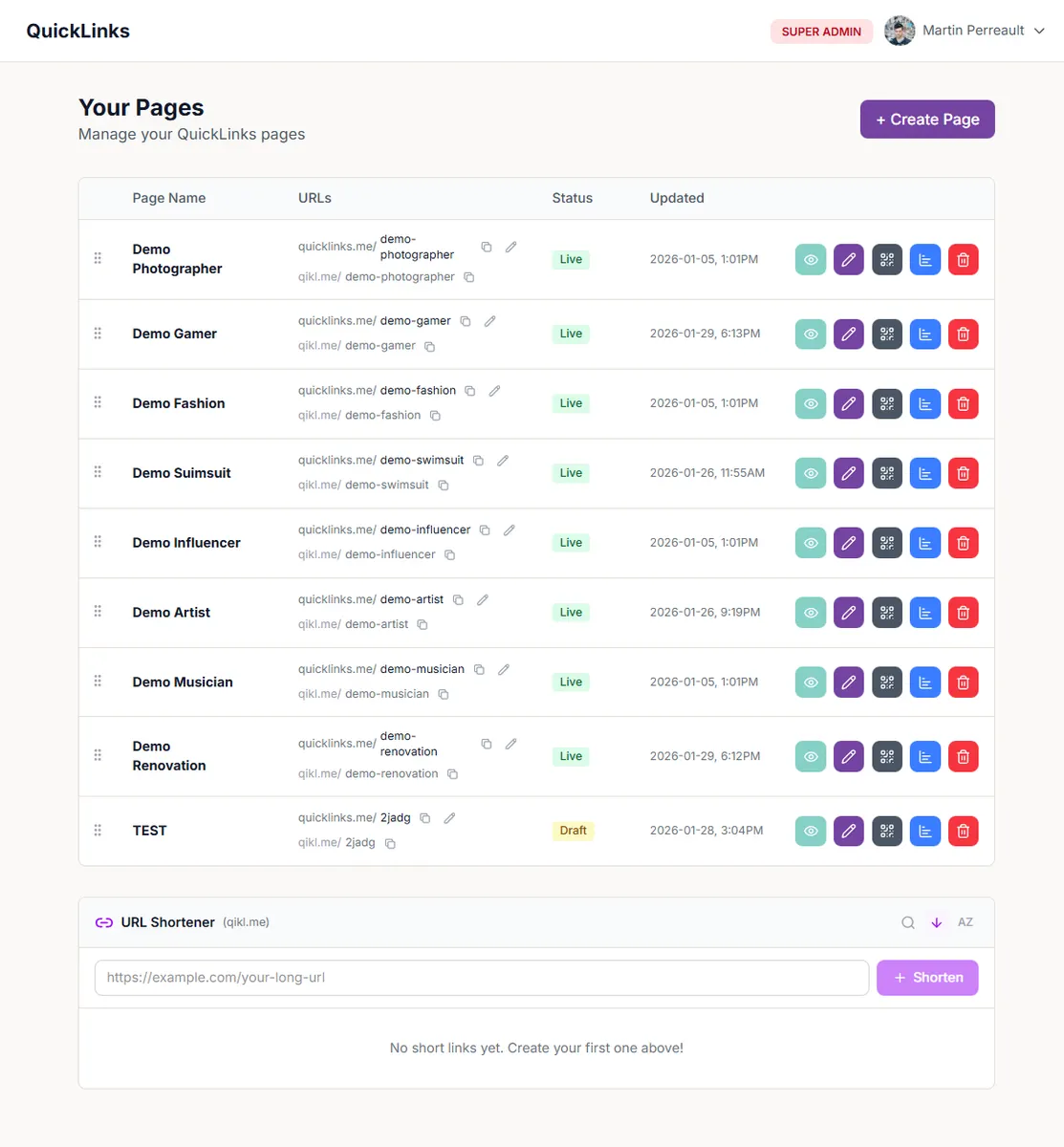 QuickLinks.me pages dashboard